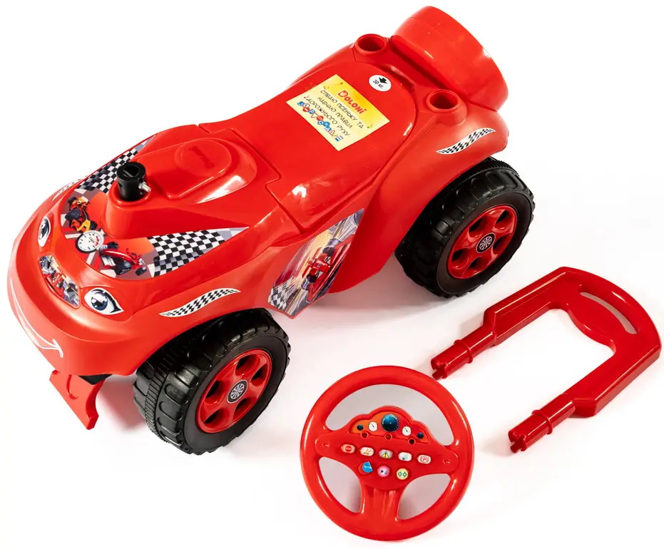 Машина-каталка "Автошка" красная, с муз.рулем на укр.яз., песня, рас. ПДД, с торм., в пак. 30*60*30см, ТМ Долони, Украина