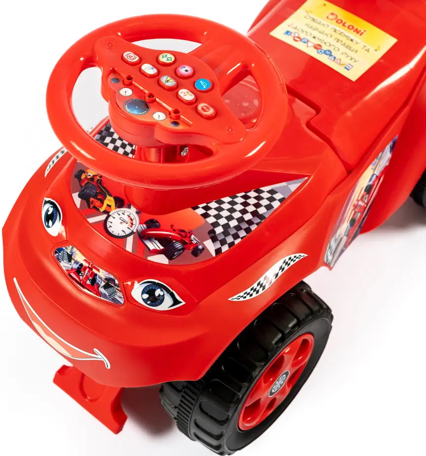 Машина-каталка "Автошка" красная, с муз.рулем на укр.яз., песня, рас. ПДД, с торм., в пак. 30*60*30см, ТМ Долони, Украина