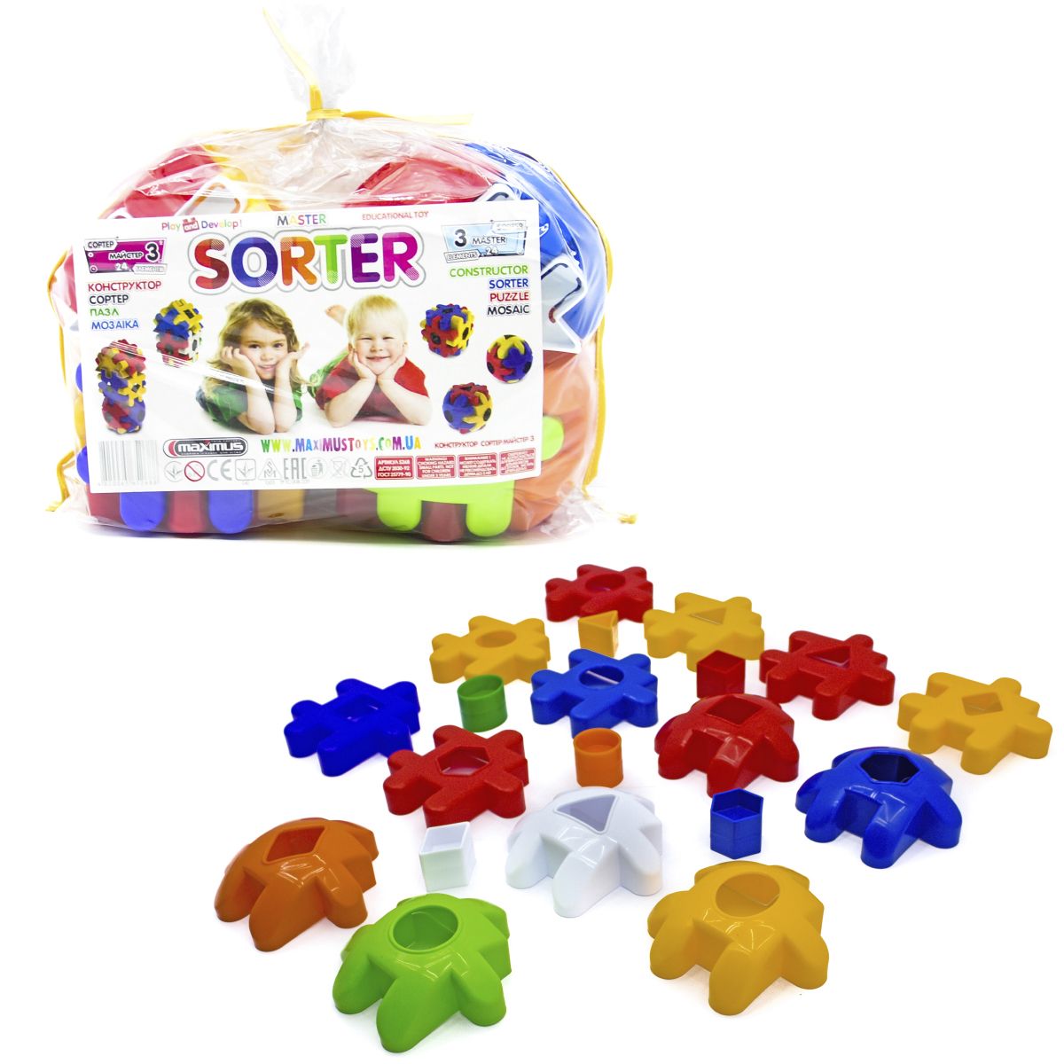 Конструктор - ЗД пазл "Сортер Майстер 3" 24 элемента развив. цвета, геом.фигуры, логика , в пак. 30*12*25см, ТМ MAXIMUS, Украина
