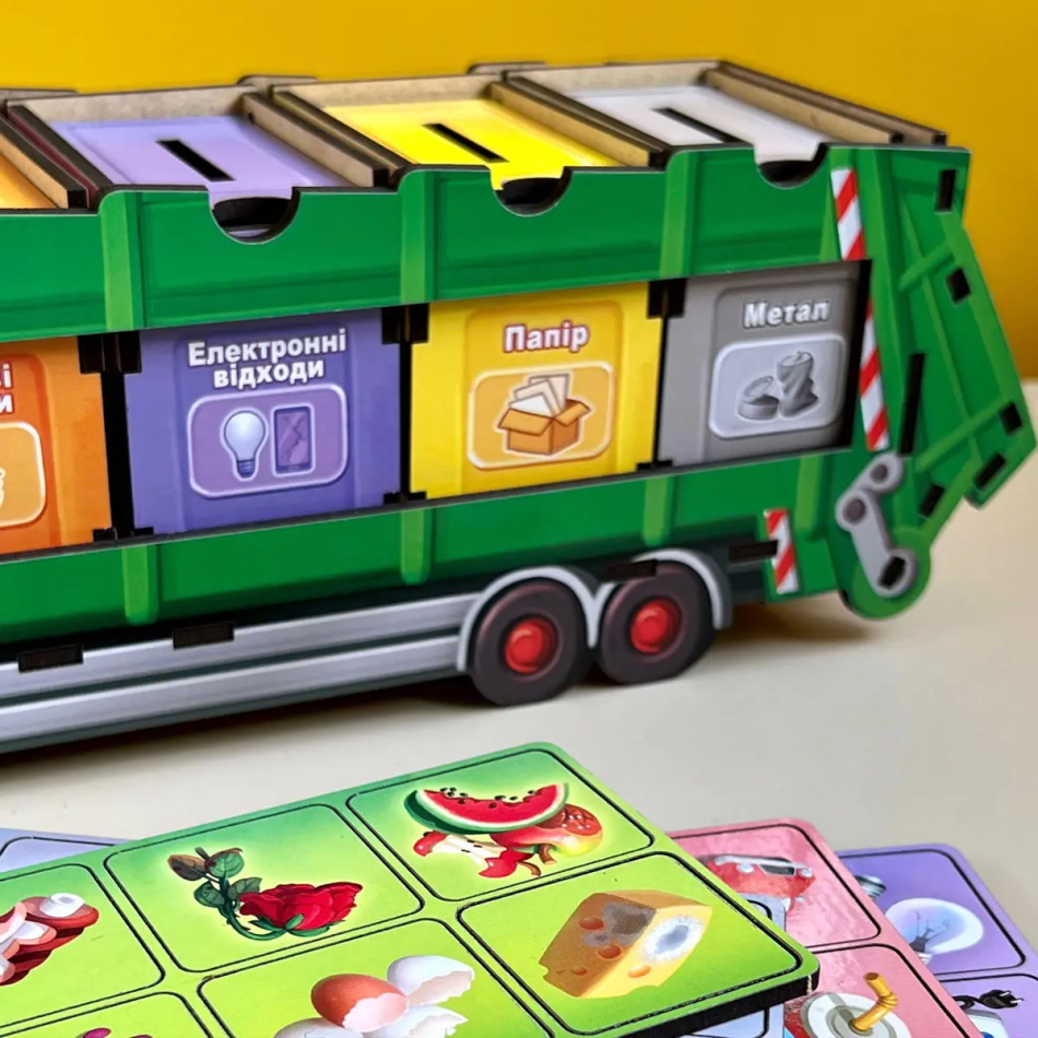 Дерев'яний сортер комодик "Сортировка мусора: мусоровоз", планш. 39*9*10см, ТМ UBumblebees, Україна