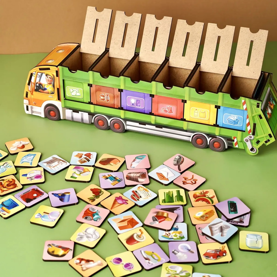 Дерев'яний сортер комодик "Сортировка мусора: мусоровоз", планш. 39*9*10см, ТМ UBumblebees, Україна