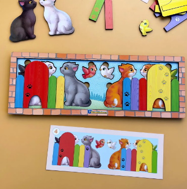 Деревянная игра с карточками "Кошки за забором", планш. 16*23*5см, ТМ UBumblebees, Украина