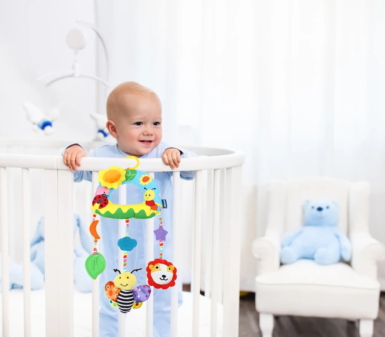 Подвеска на коляску 43см, животные, LIMO TOY погремушка, пискавка, плюш, 2 вида, пак. 25*15*6см (30шт)