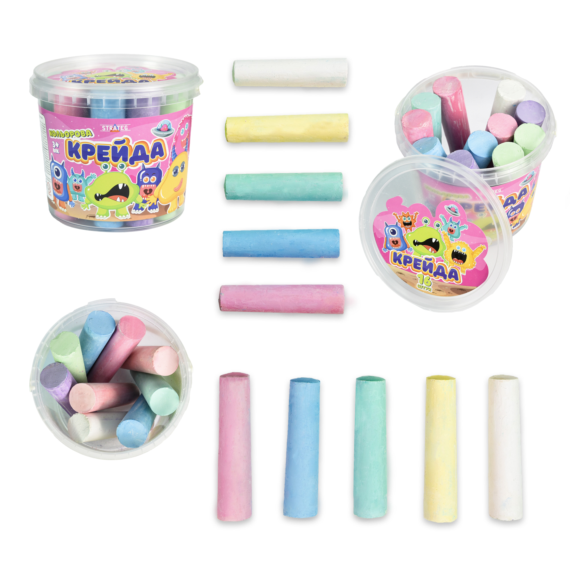 Мел Большой круглый 16 штук разноцветный, відро 11*12см, ТМ Стратег, Украина