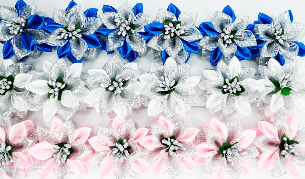 Бантик-цветок на резинке 3 цвета, ЦЕНА ЗА УП. 6ШТ, 3 цвета, в пак. 19*13см (6 шт)