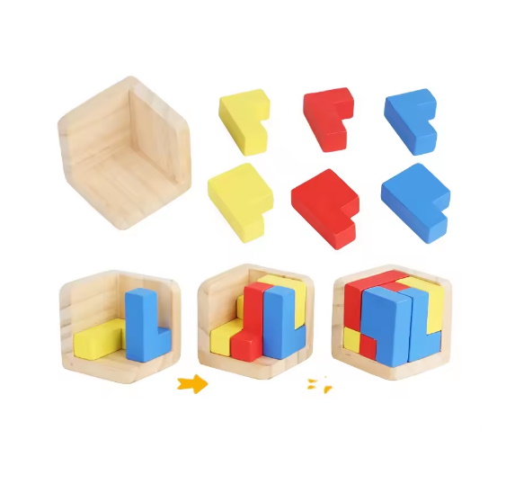 Дерев'яна іграшка 3D тетріс, логічна гра, куб-головоломка, 4 види, пак. 4,5*4,5*4,5см (100шт)